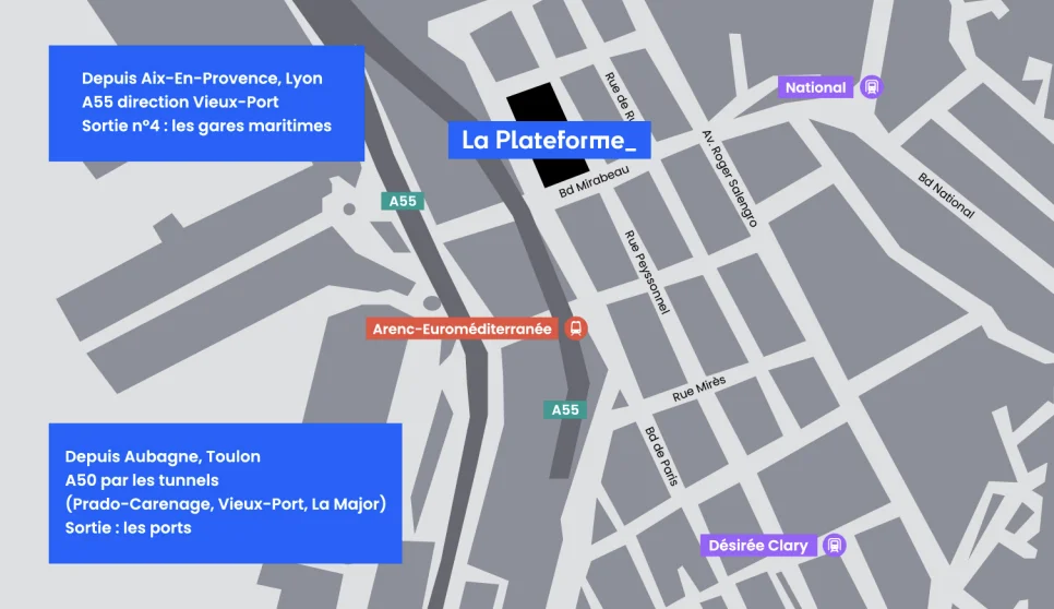 Plan d’accès à La Plateforme, entre le boulevard de Paris, la rue Peyssonnel et le boulevard Mirabeau